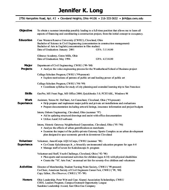 Internship Resume Template For College Students