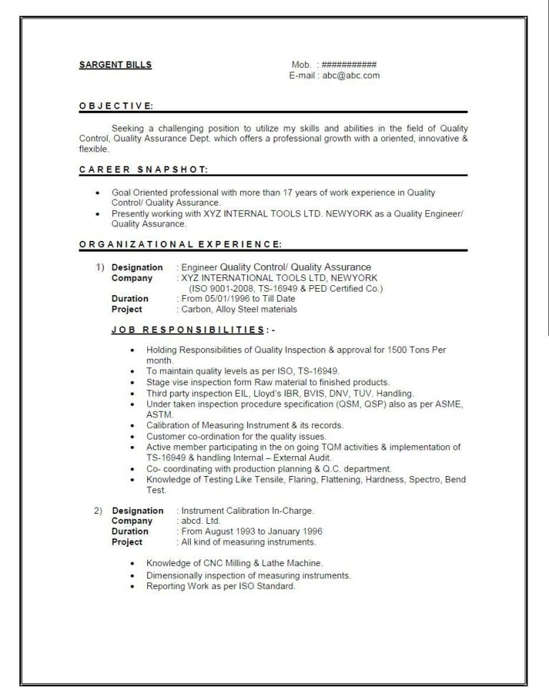 Experience Resume Sample For Mechanical Engineer