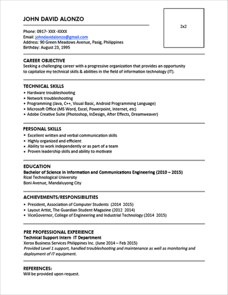 Resume Template For Fresh Graduate With Picture