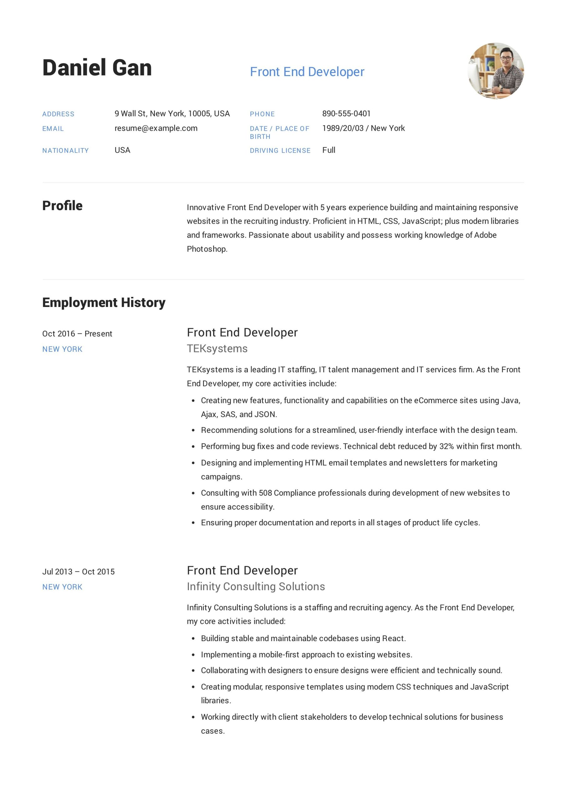 Front End Developer Resume Example