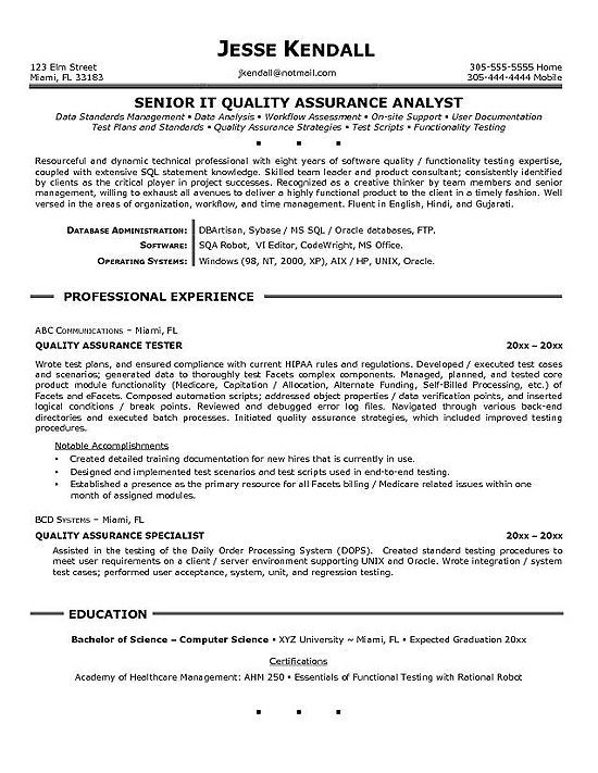Quality Analyst Resume Format