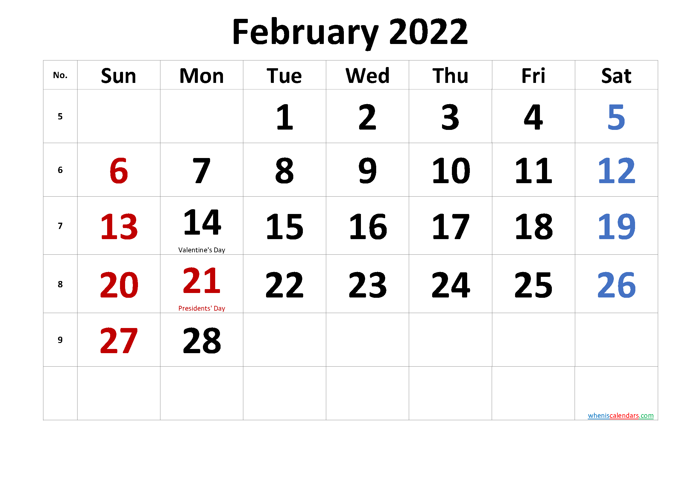 February 2022 Calendar Printable Pdf