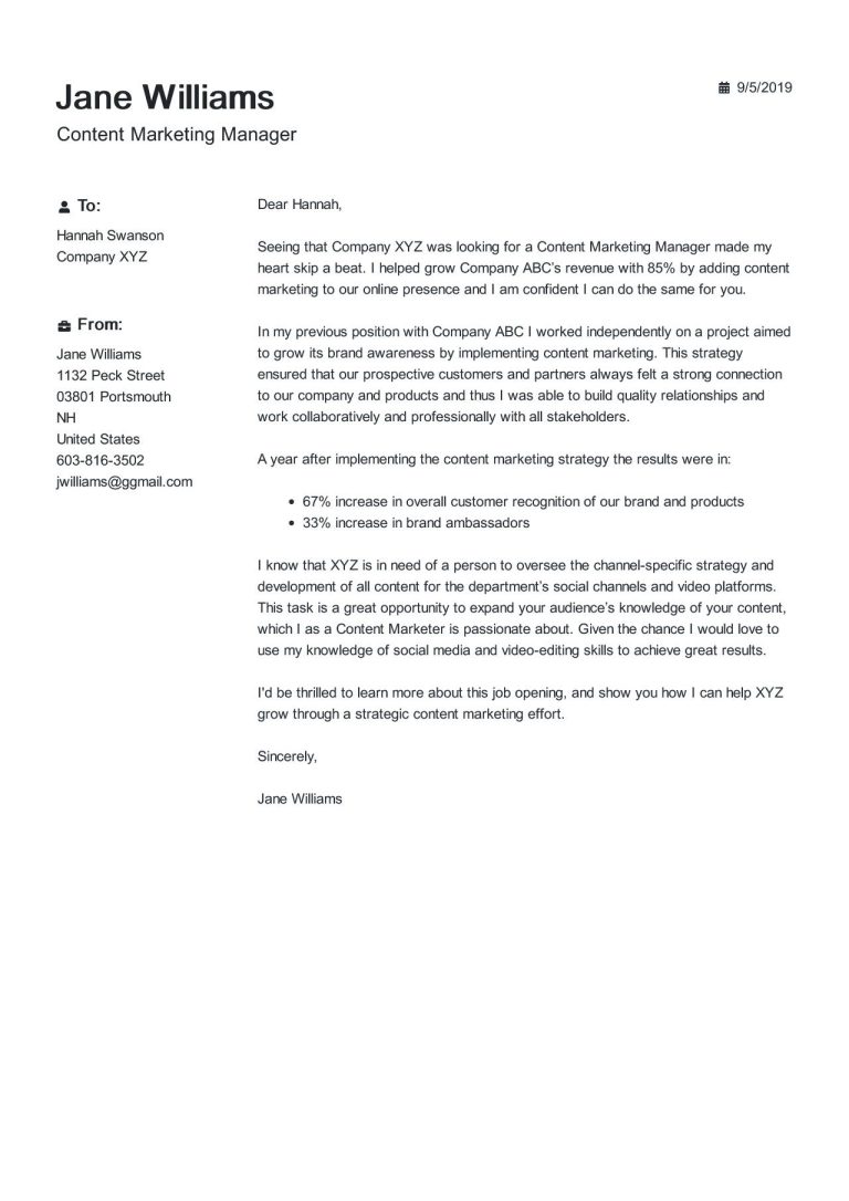 Cover Letter Content Sample