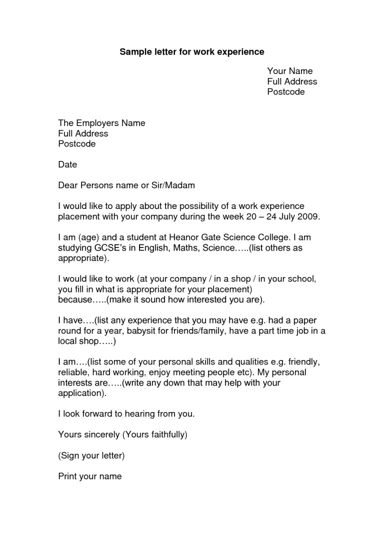 Letter For Work Experience