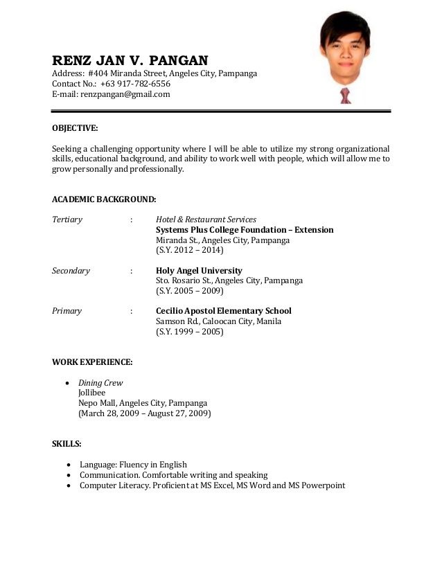 First Job Resume Format