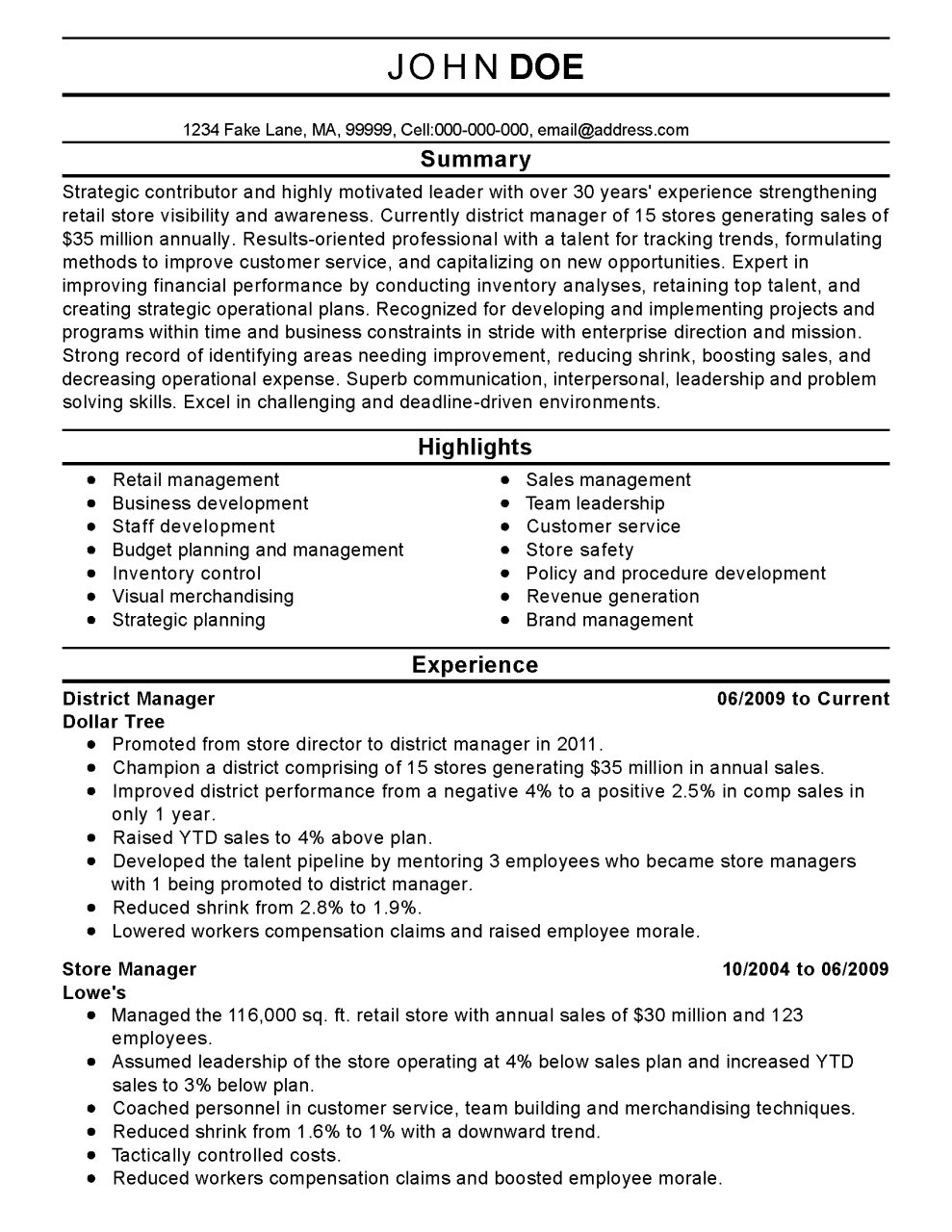 District Manager Resume