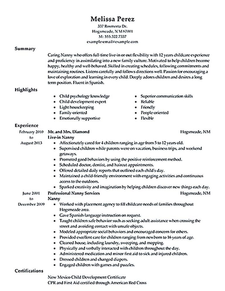 Childcare Nanny Resume Sample