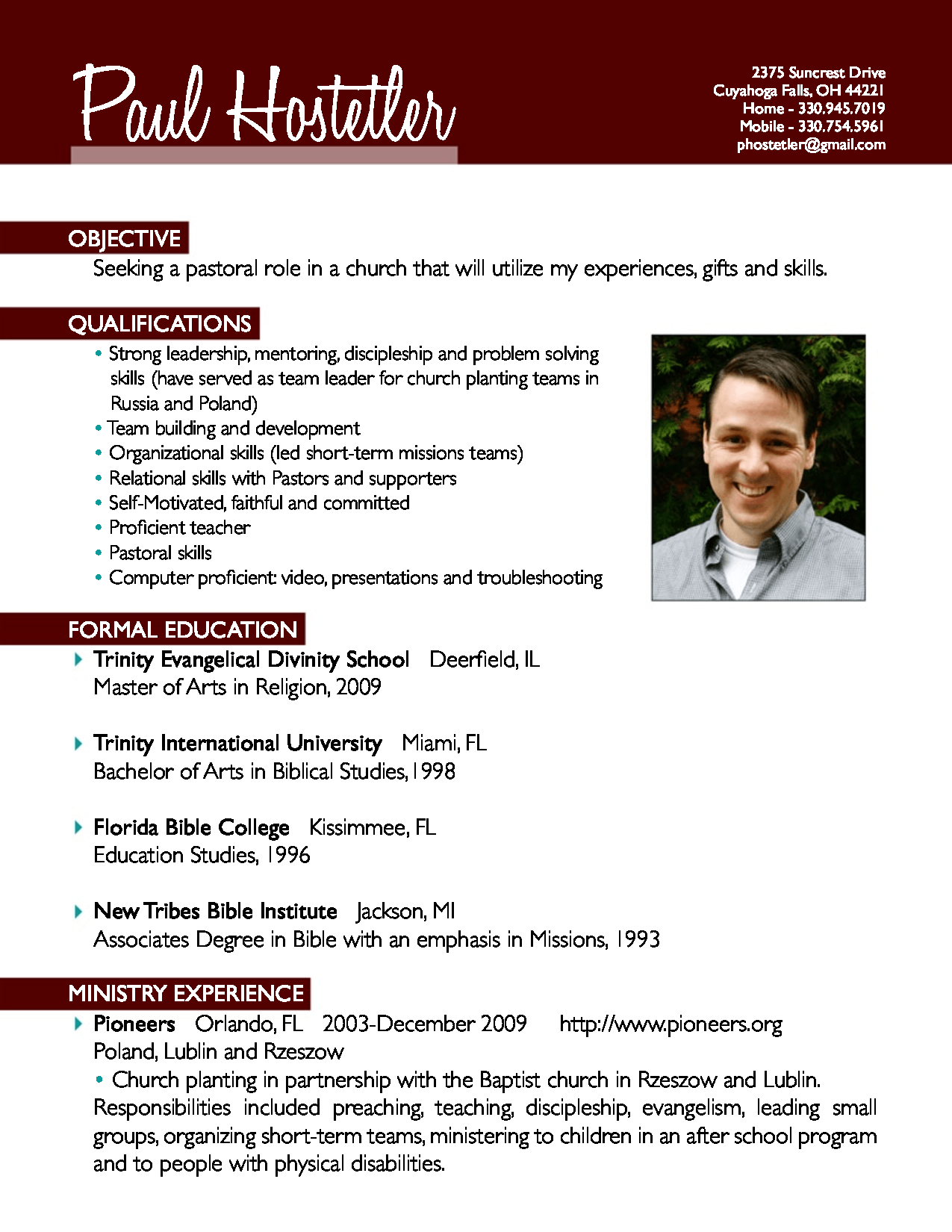 Sample Ministry Resume And Cover Letter