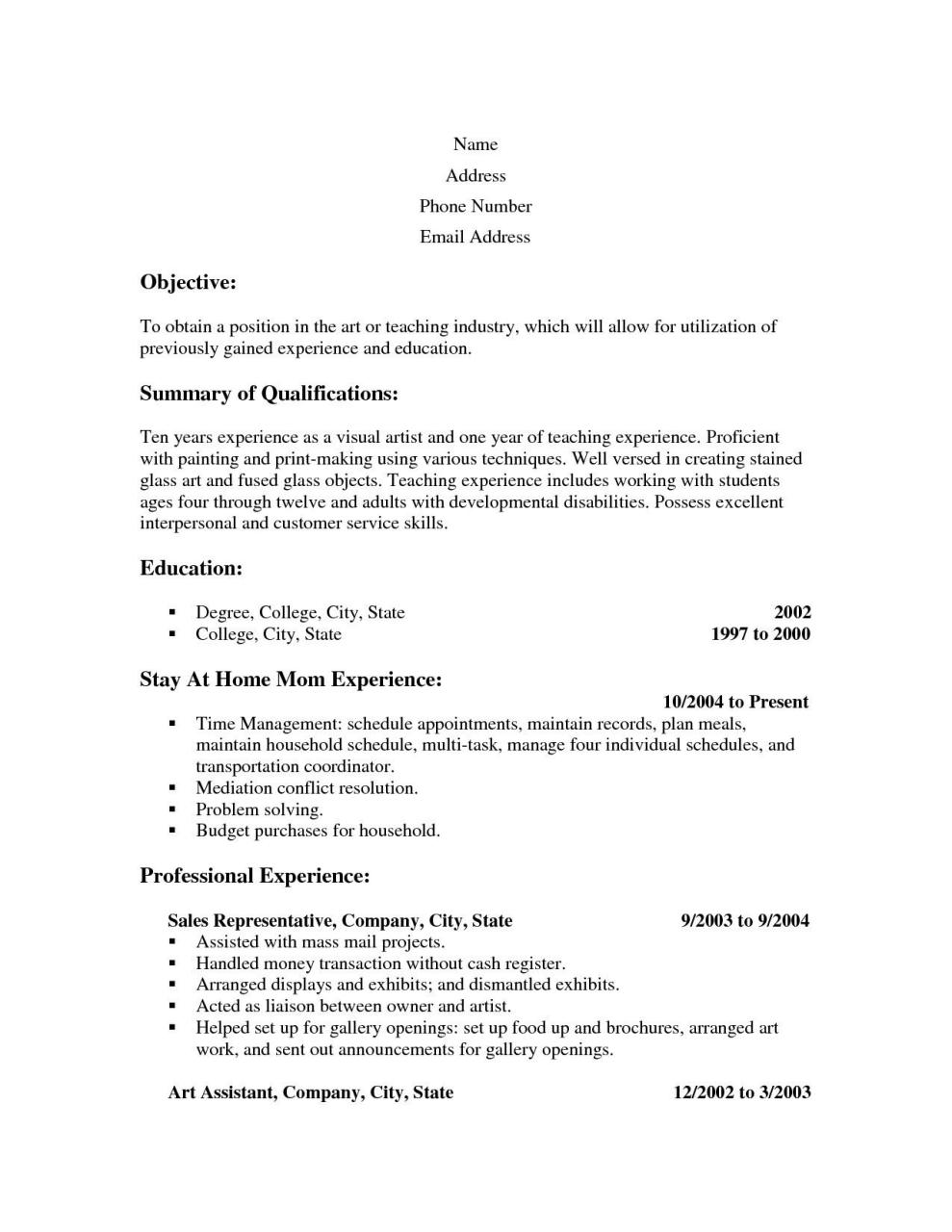 Experience Stay At Home Mom Resume Example