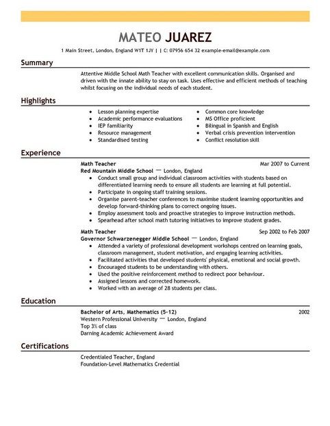 Best Resume For Teacher