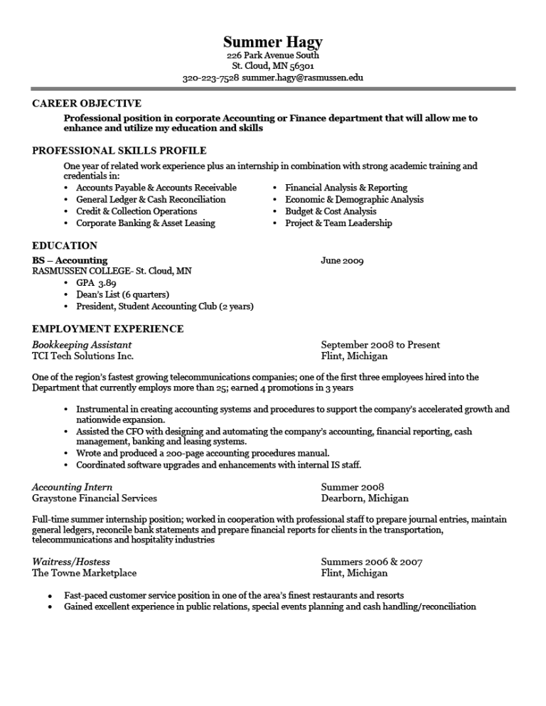 Internship Resume Skills Examples