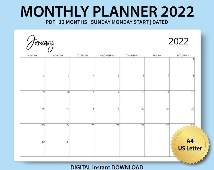 Free Printable Monthly Calendar Template 2022