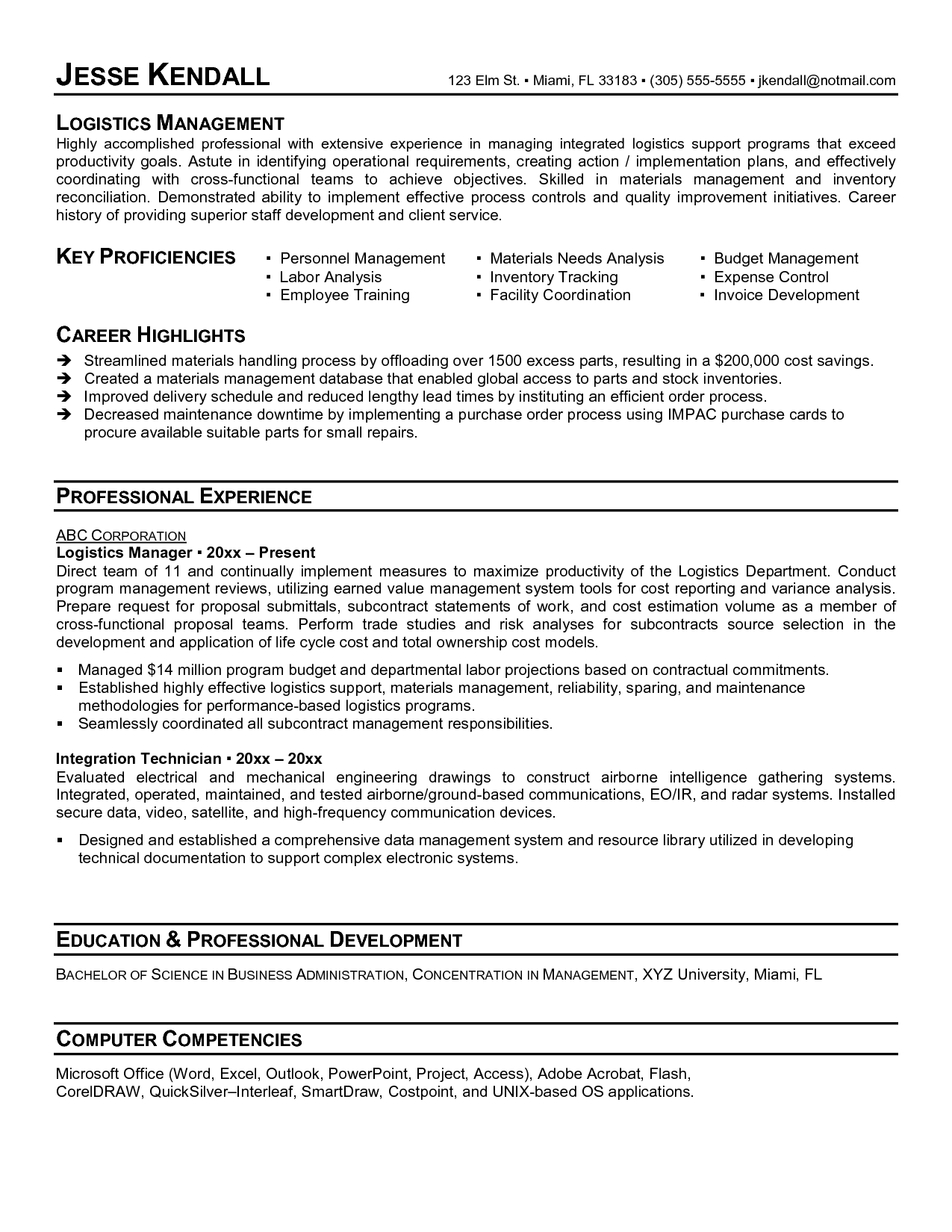 Logistic Manager Resume