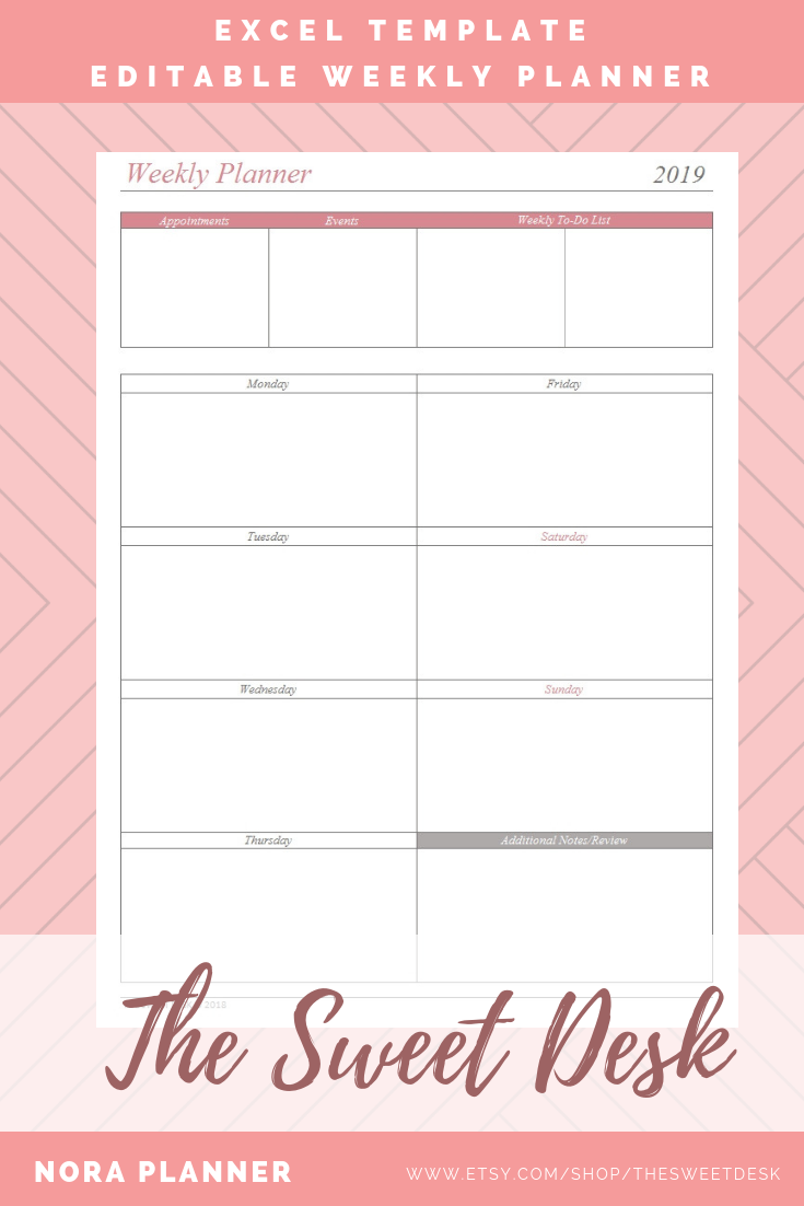 Printable Weekly Planner Excel Design