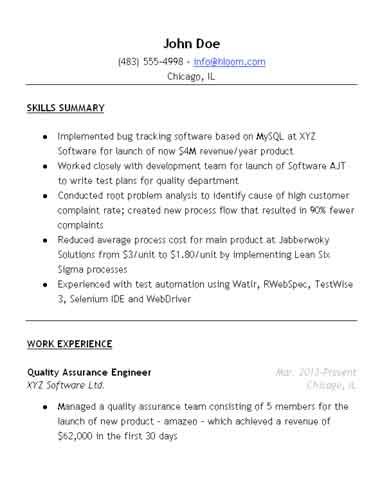 Quality Engineer Resume Summary