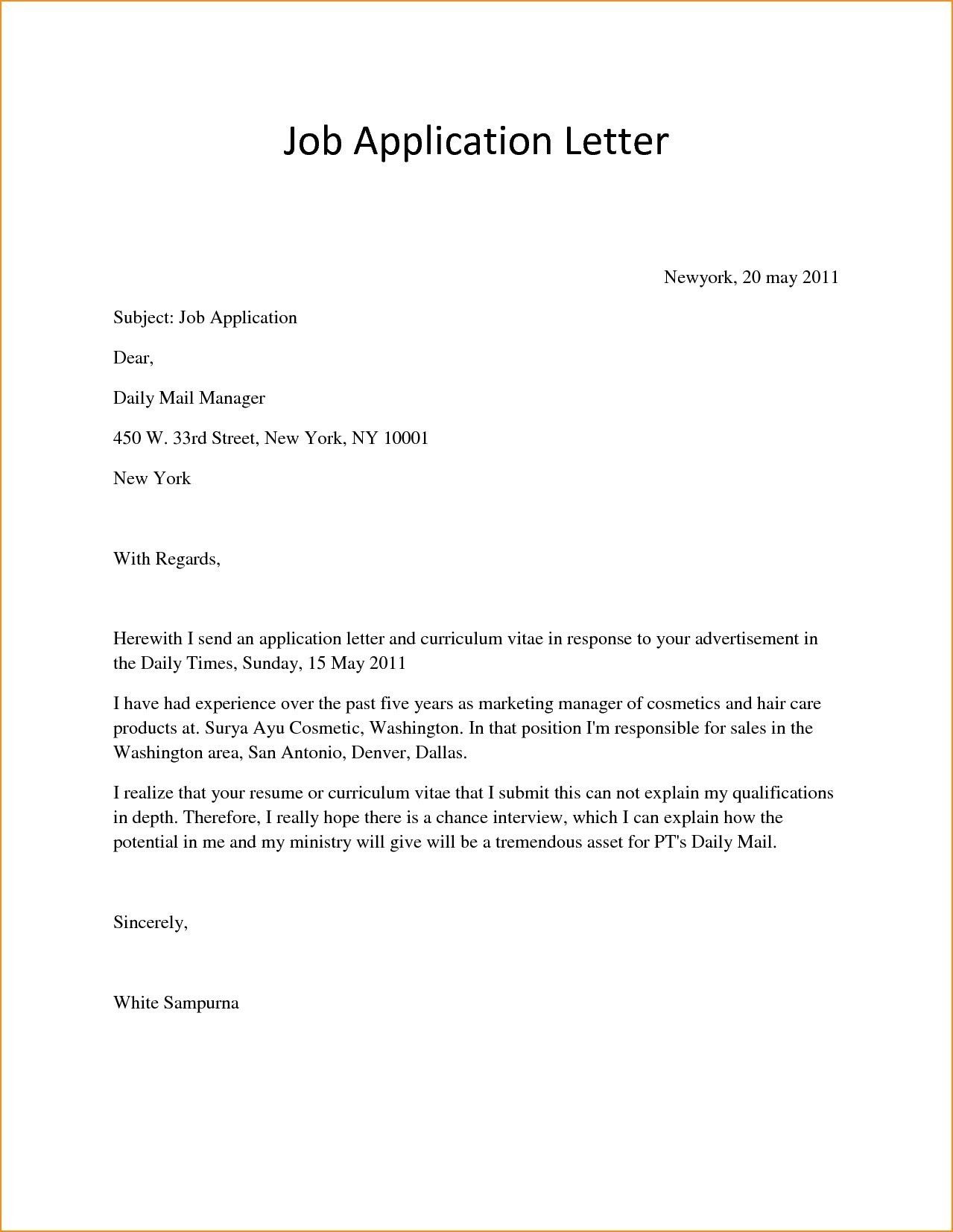 Example Of Application Letter For Applying A Job