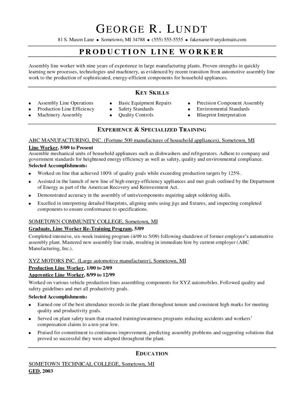 Sample Resume For Factory Worker