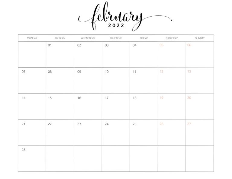 February 2022 Calendar Printable Monday Start