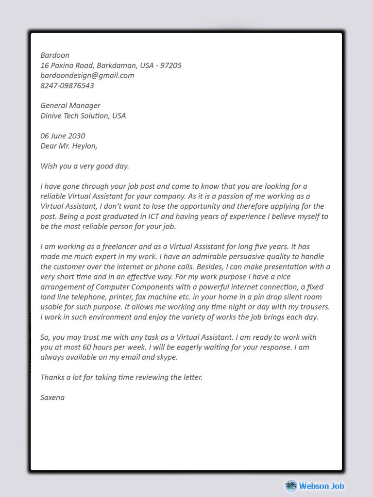 Cover Letter Sample For Virtual Assistant