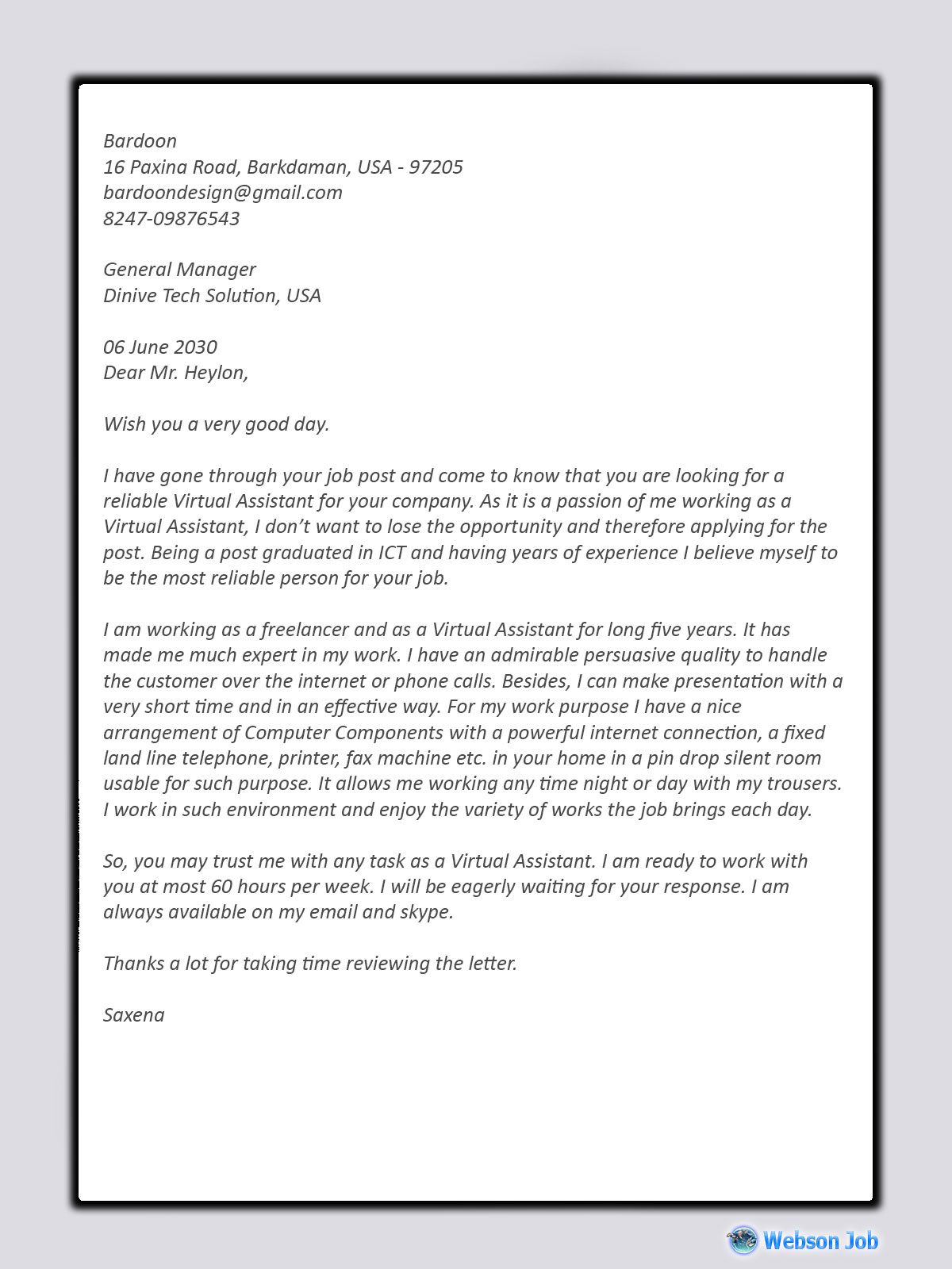 Sample Cover Letter For Virtual Assistant