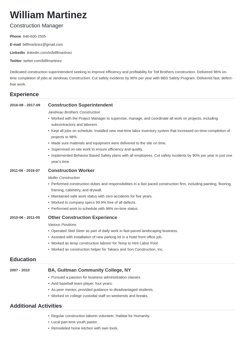 Construction Resume Template