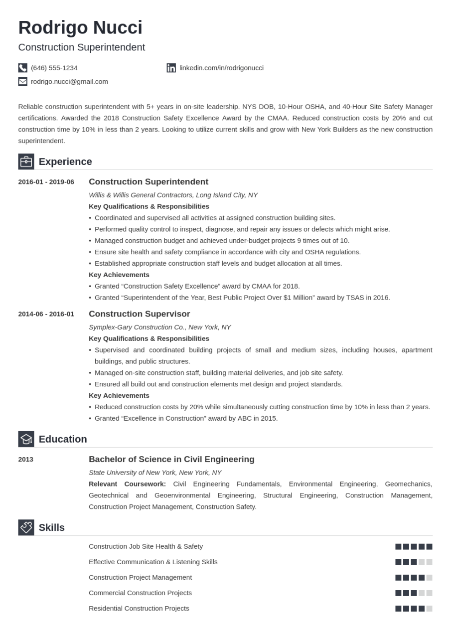 Construction Superintendent Resume Examples