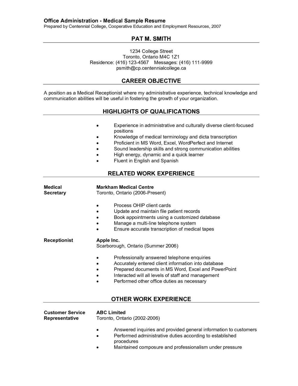 Medical Receptionist Resume With No Experience