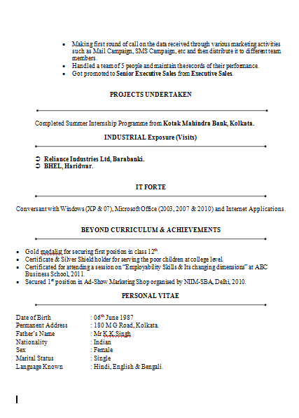 Sample Resume For Banking Sector India