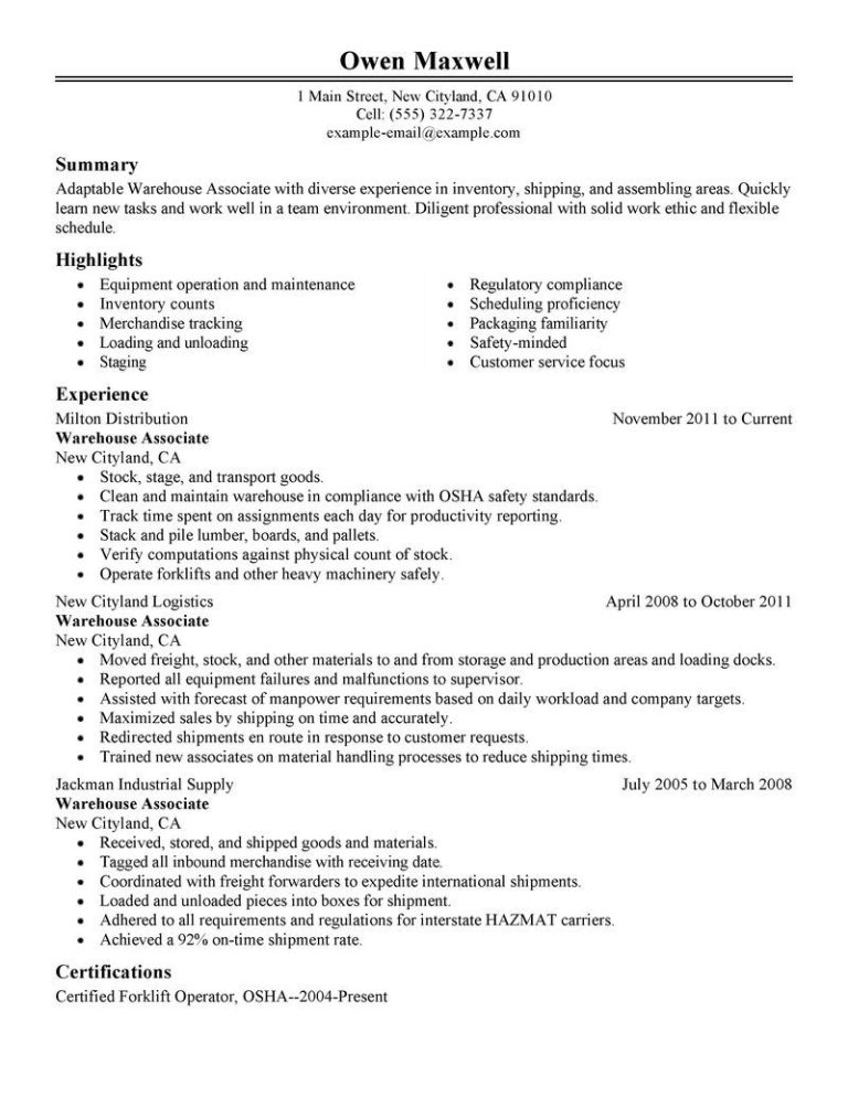 Warehouse Resume Examples With Experience