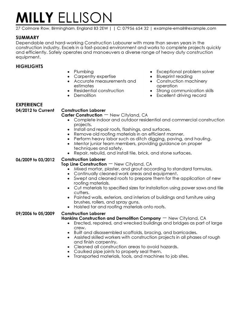 Construction Resume Summary Examples