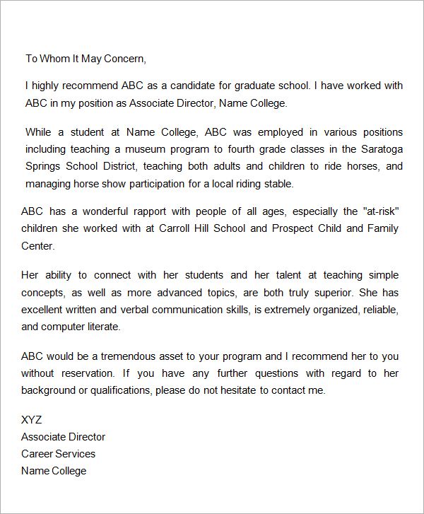 College Recommendation Letter From Employer To University