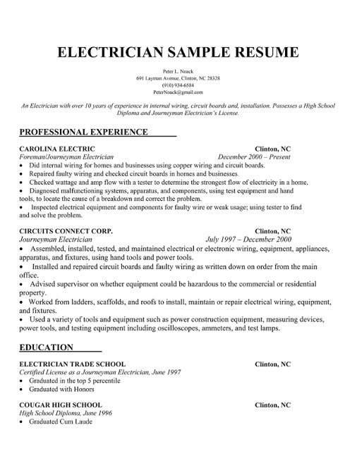 Electrician Resume Sample