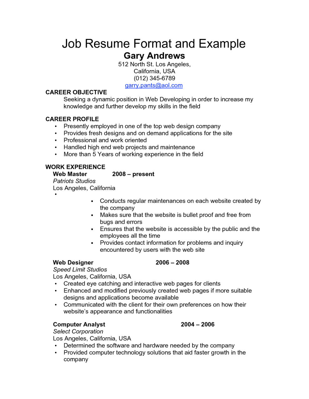 Example Of Resume To Apply Job In Company