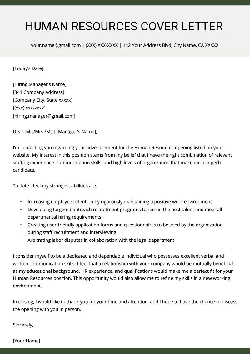 Sample Cover Letter For Human Resources Manager