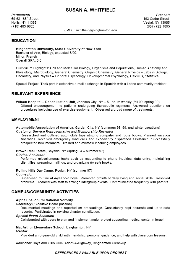 Free Resume Samples For College Students