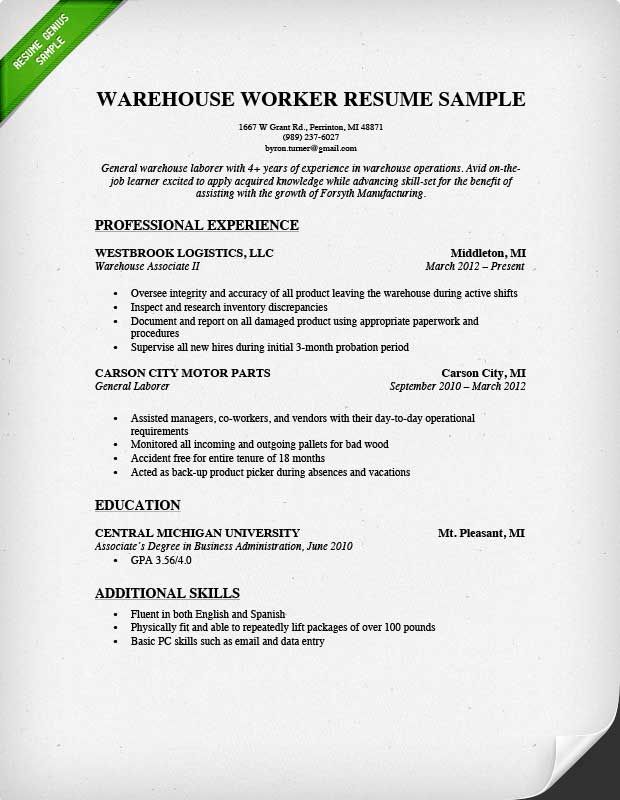 Warehouse Experience Resume Sample