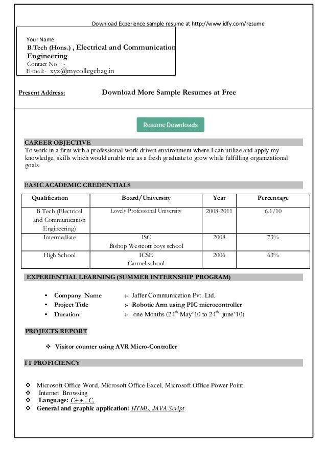 Resume Format For Freshers Bcom Free Download Pdf