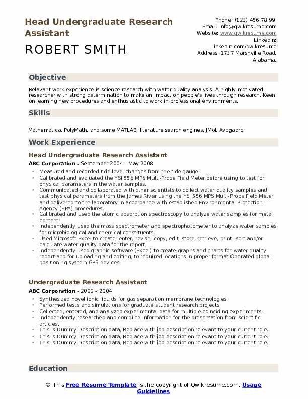 Undergraduate Research Assistant Resume Sample