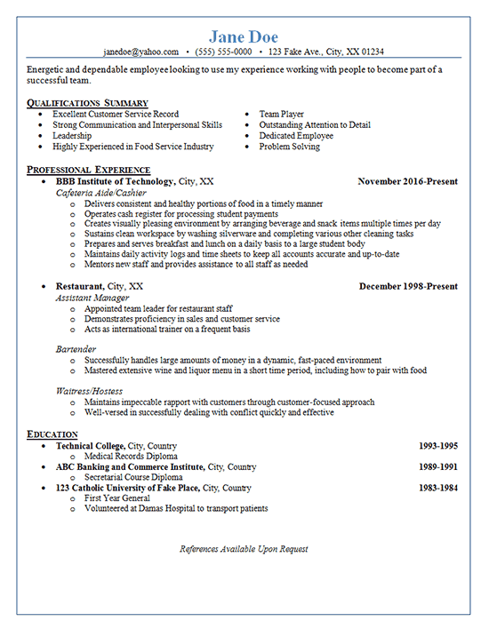 Restaurant Manager Cv Summary