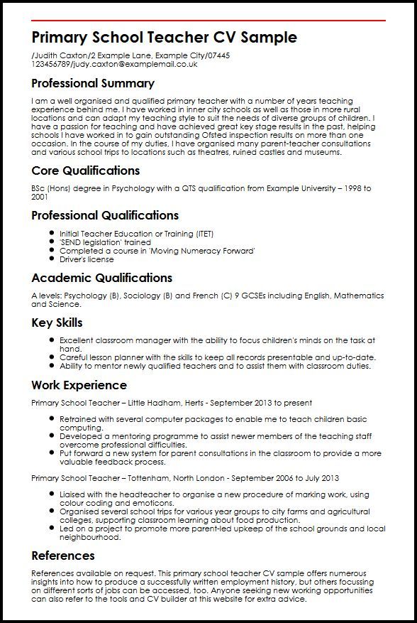 Example Of Excellent Teaching Cv