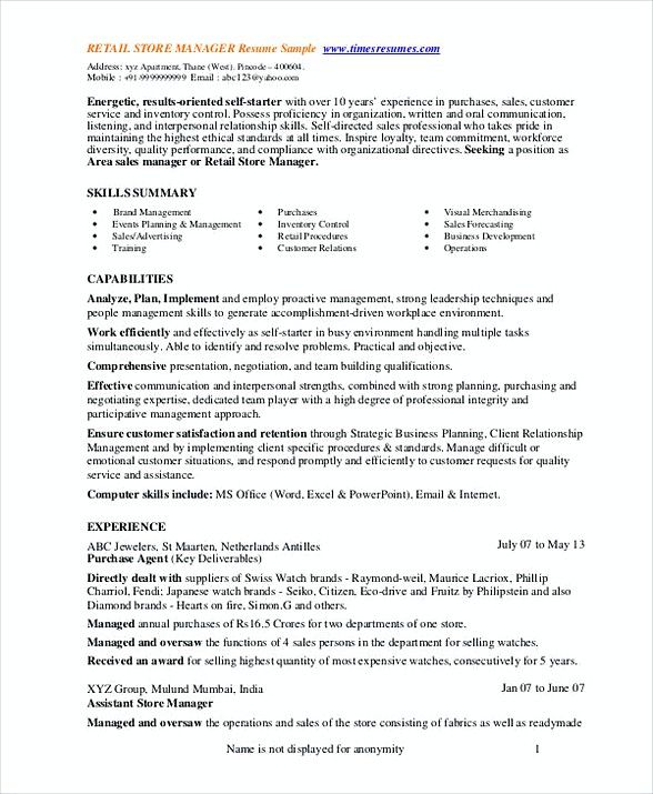 Store Manager Cv Summary