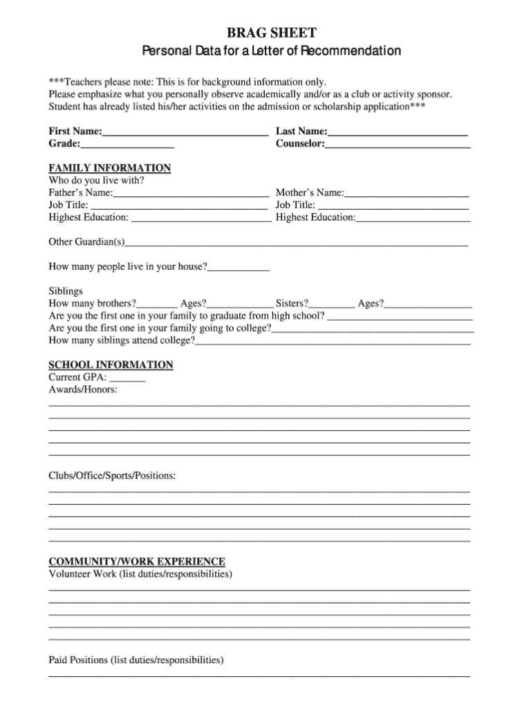 Brag Sheet Sample Parent Recommendation Letter College Admission