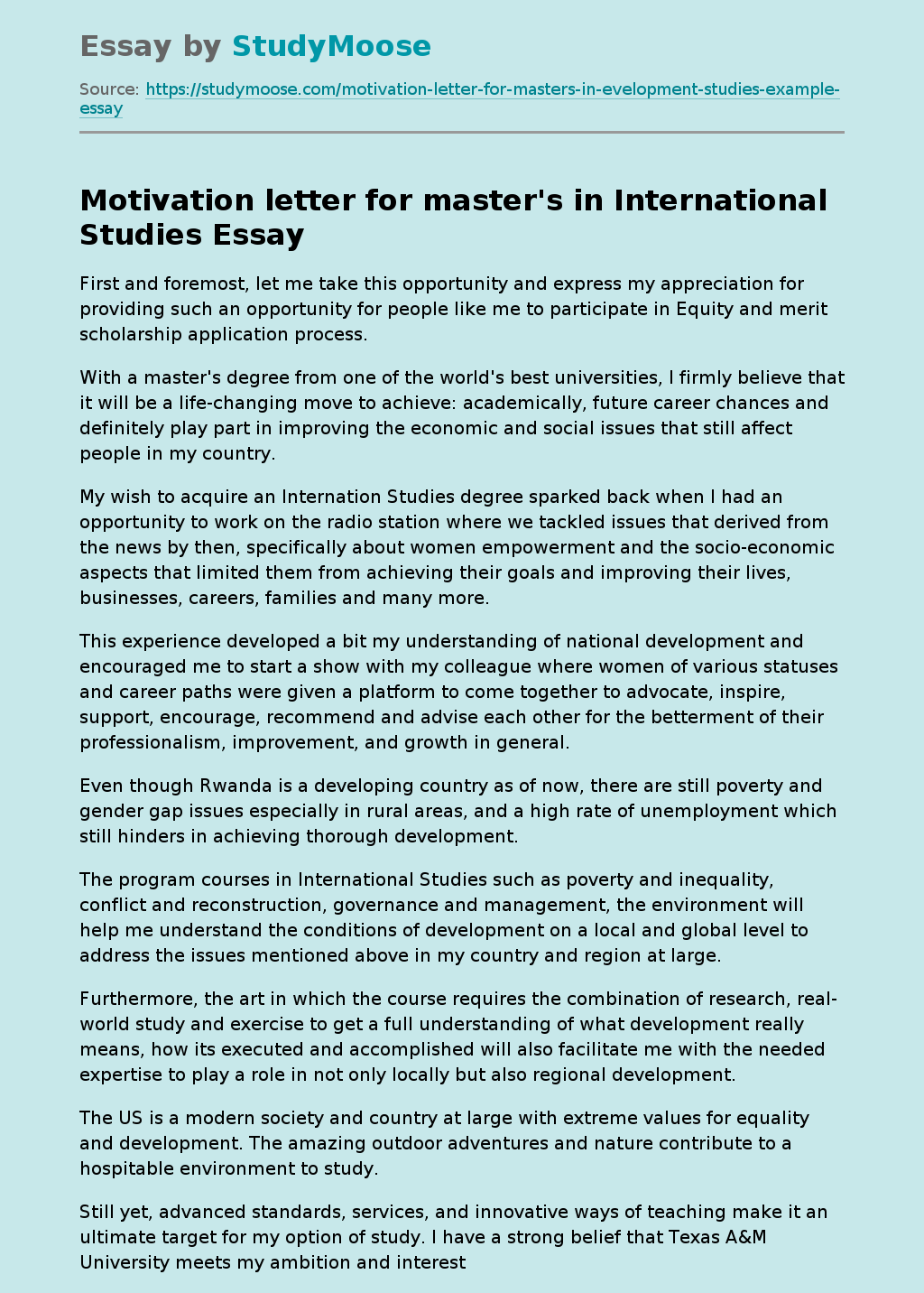Motivation Letter International Relations Master