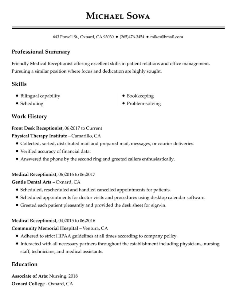 Medical Receptionist Resume Examples