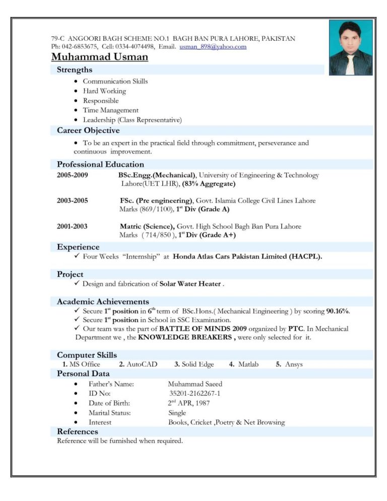 Resume Format For Engineering Students Freshers