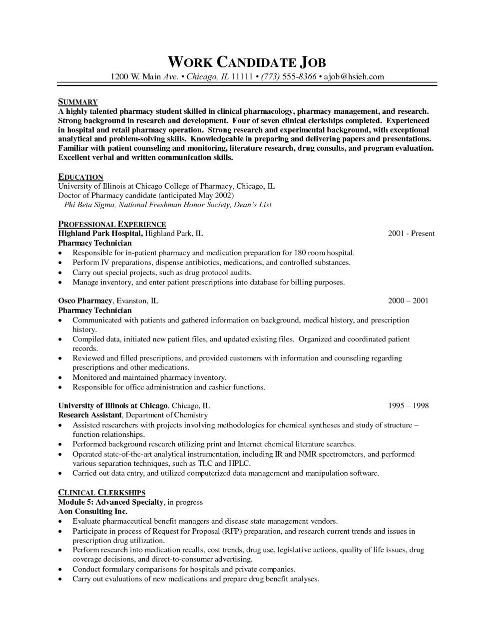 Pharmacy Technician Objective Resume Example