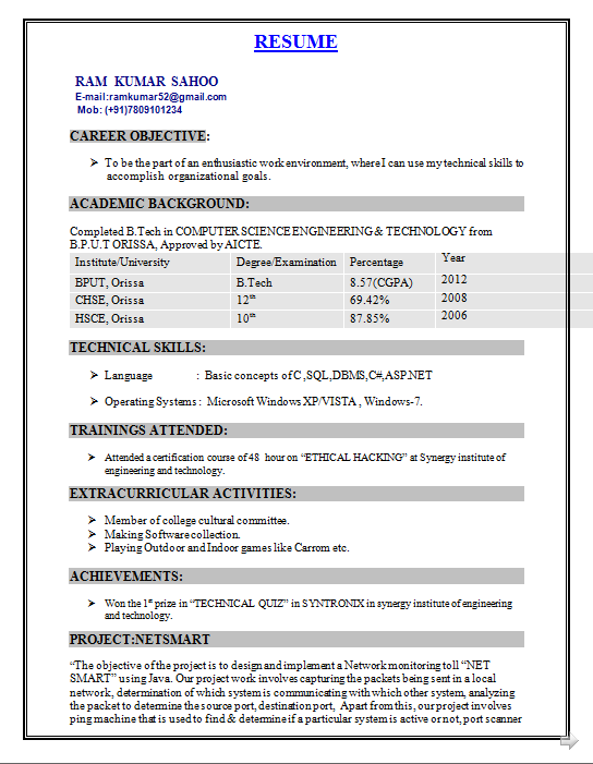 Resume Format For Computer Science Student