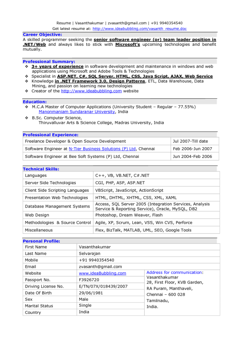 Sample Resume For Experienced Software Engineer Free Download