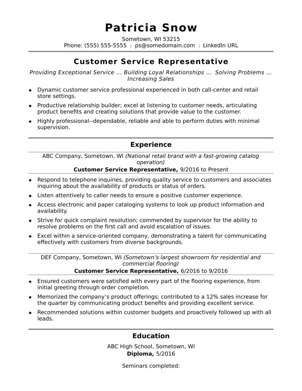 Resume Samples For Customer Service Positions