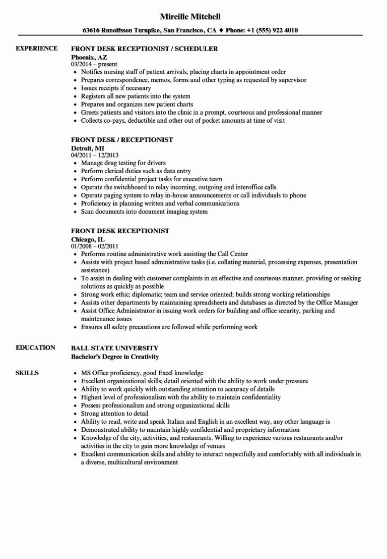 Resume Sample For Front Office Receptionist